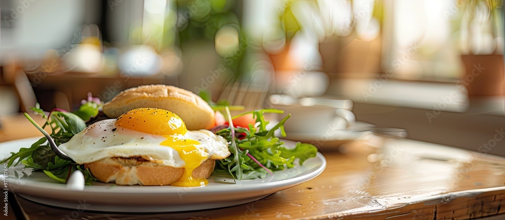 Aufkleber egg benedict close up side view of tasty egg benedict on bread and salad with selective focus over a