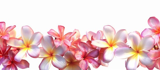 Obraz premium Tropical flowers frangipani plumeria set against a white background. Copy space image. Place for adding text and design