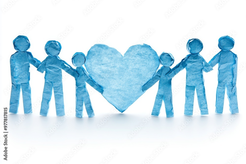 Poster blue figures holding a large heart symbolizing compassion teamwork support and unity in building str