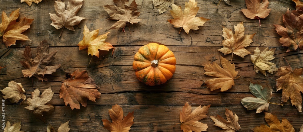 Poster top view of a small pumpkin on a brown wooden surface surrounded by dried autumn leaves. copy space 