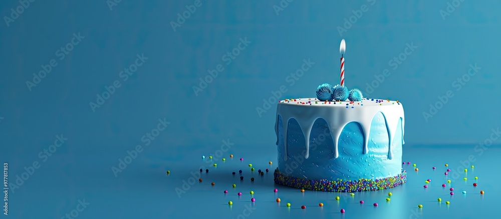 Poster birthday cake with a candle on a blue background. copy space image. place for adding text and design