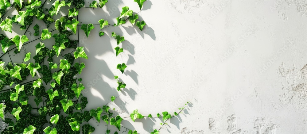 Poster the green ivy against a white wall forms a lovely backdrop. copy space image. place for adding text 