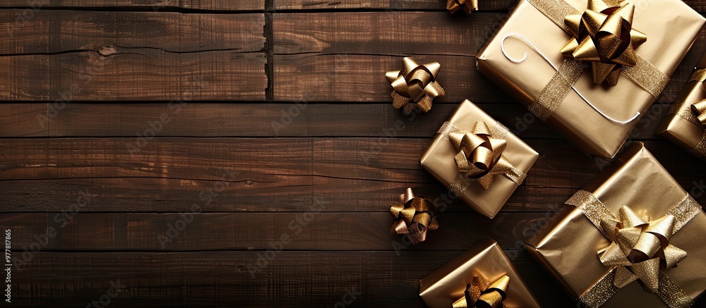 Poster shiny wrapped gift boxes on a wooden table top view. copy space image. place for adding text and des