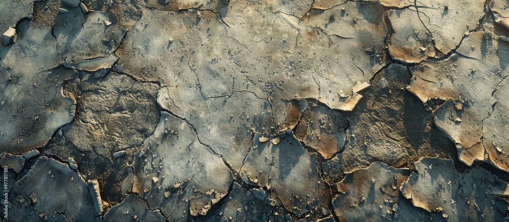 Poster a section of a concrete floor showing signs of old peeling paint. copy space image. place for adding