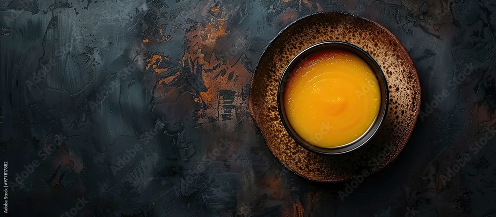 Poster pumpkin cream soup served as the first course viewed from above with copy space for text food backgr