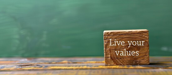 Message Live your values inscribed on a wooden block against a green background Conceptual symbol for living your values Copyspace