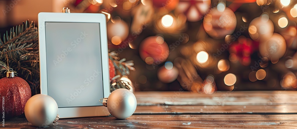 Poster festive christmas decorations with a white tablet on a wooden table blank close up screen happy new 