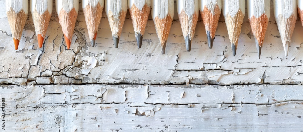 Poster pencil tips arranged on weathered white wood. copy space image. place for adding text and design