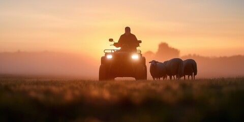 A UK farmer on a quad bike in a misty morning field, sheep walking closely behind the bike