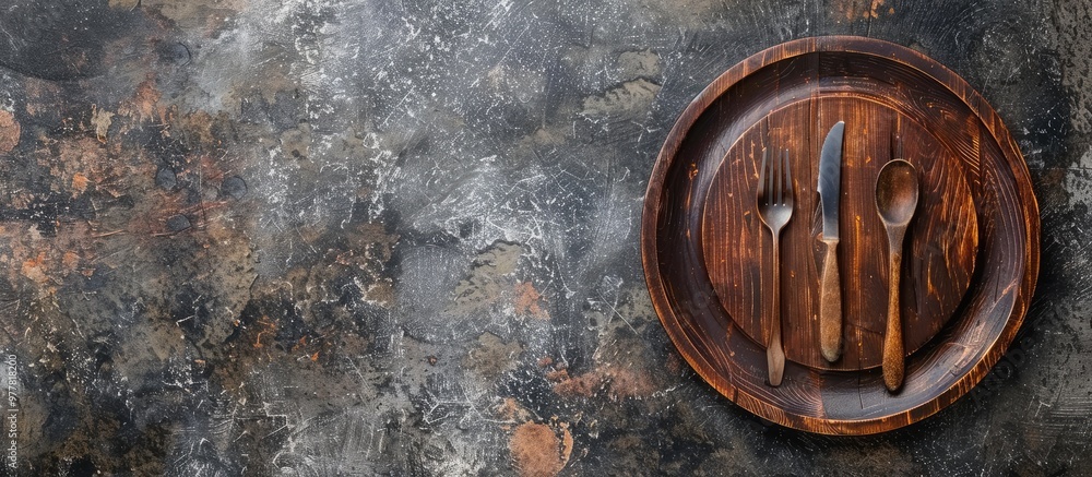 Aufkleber empty round wooden plate and cutlery set against a textured grunge background. copy space image. pla