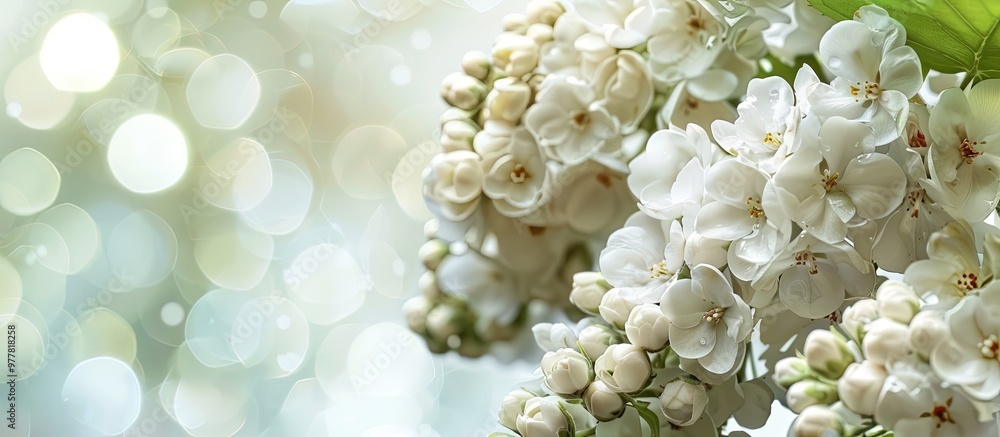 Poster romantic background featuring white viburnum flowers and buds selective focus. copy space image. pla