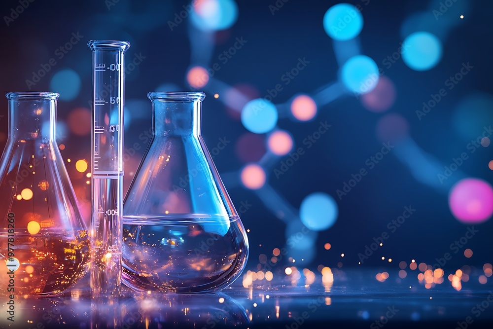 Poster laboratory glassware, beaker and erlenmeyer flask in laboratory setting with colorful lights