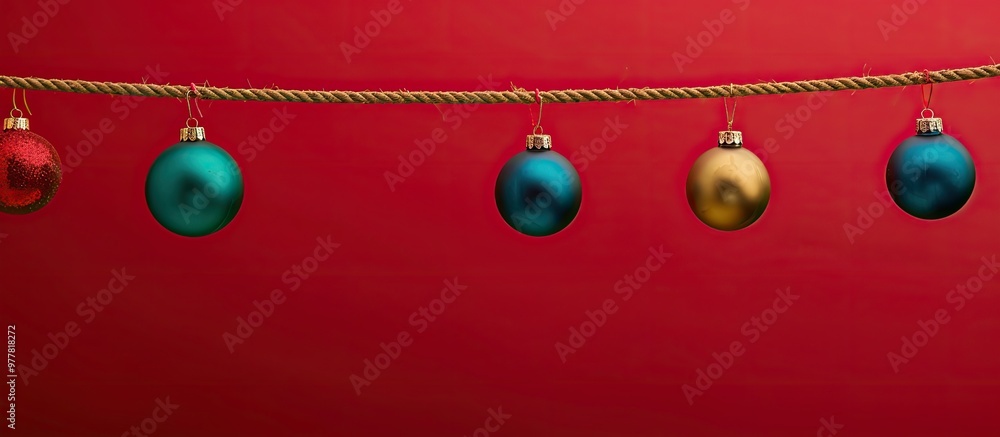 Poster christmas decorations hanging on a rope with a red background. copy space image. place for adding te