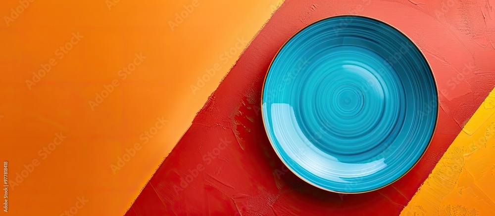 Poster abstract top view of a contemporary blue plate on a colorful background. copy space image. place for