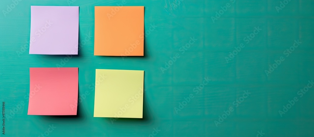 Poster four colorful sticky notes on a green background space for text stationery template copy space stick