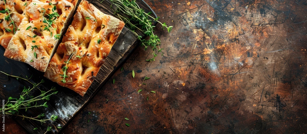 Poster delicious freshly baked focaccia bread with fresh thyme. copy space image. place for adding text and