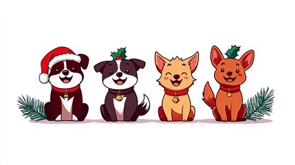 Naklejka premium A festive illustration of four playful dogs wearing Christmas accessories, perfect for holiday-themed projects. Christmas Background, Christmas Dog