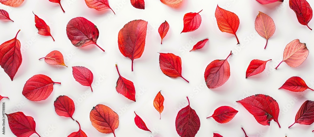 Poster pattern of red autumn leaves against a white background simple flat arrangement top view vertical fr