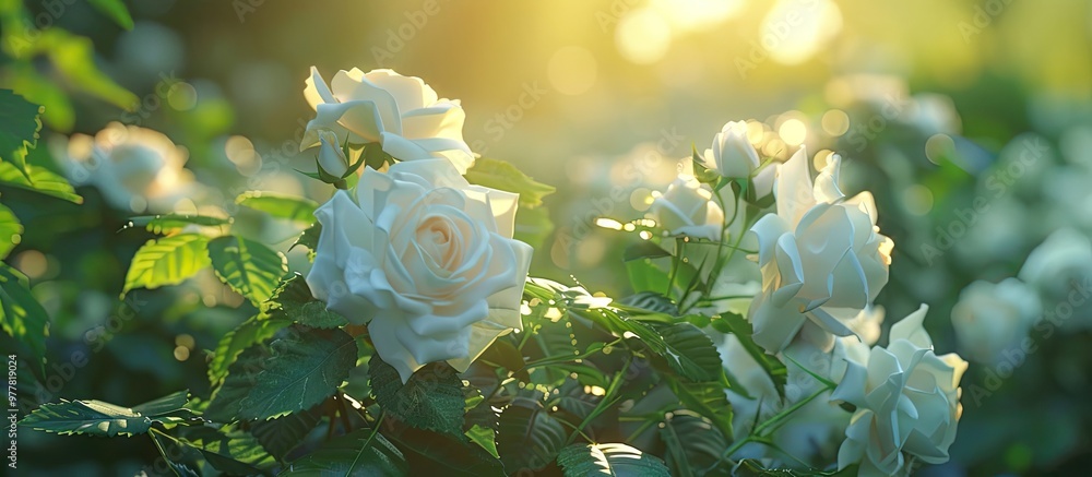 Poster white roses in the garden. copy space image. place for adding text and design