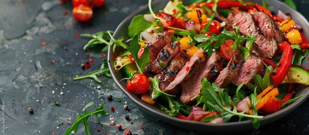 Poster warm salad slices of grilled meat and chopped barbecue vegetables. copy space image. place for addin