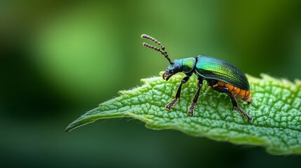 Fototapeta premium A close-up shot of a green beetle with orange markings perched on a green leaf.