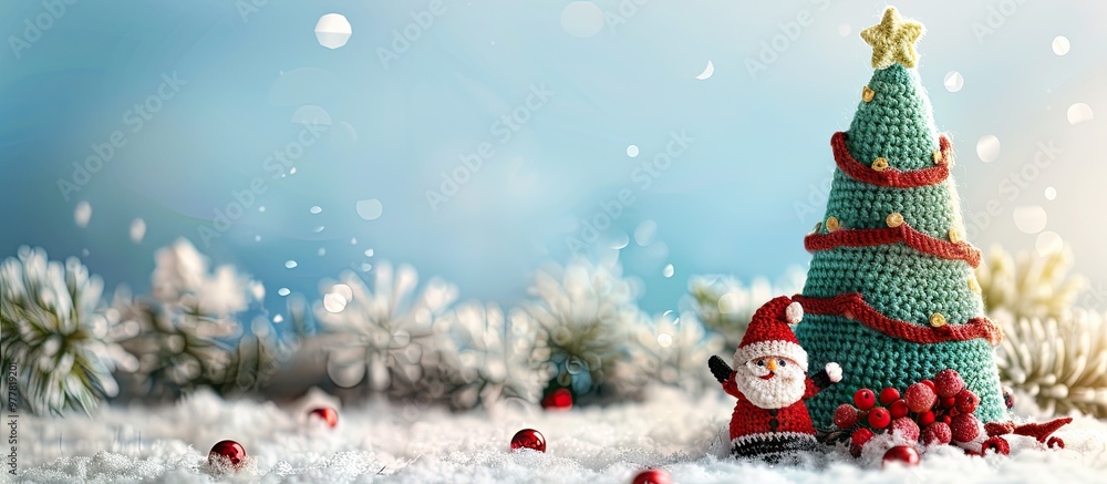 Poster christmas arrangement featuring a crocheted fir tree and santa claus. copy space image. place for ad