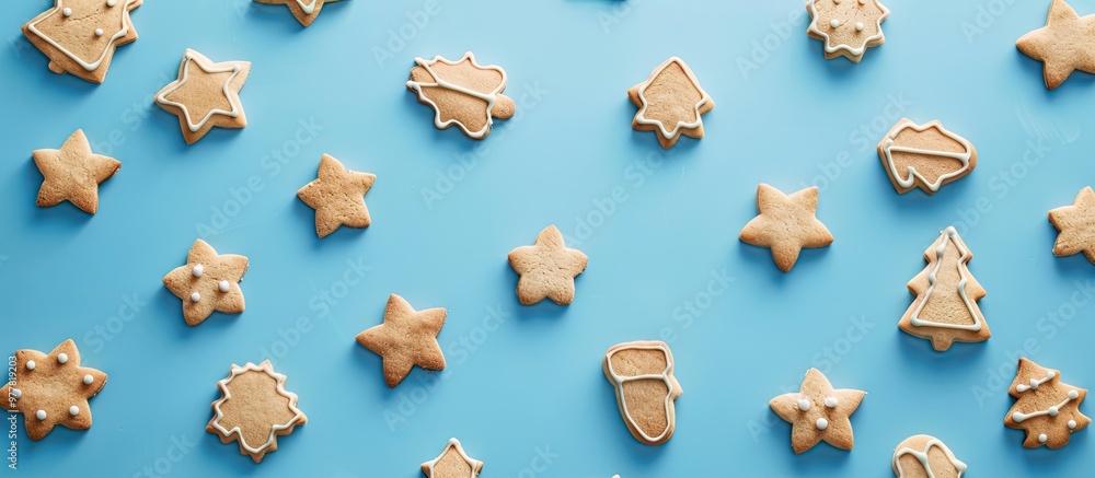 Poster christmas cookies in various shapes made with cutters are presented on a blue background with copy s