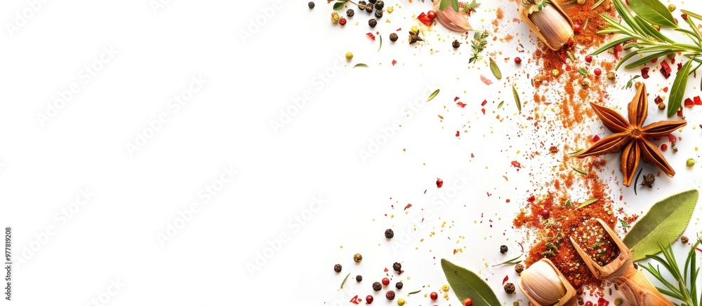 Poster food backdrop featuring spices herbs and utensils on a white background. copy space image. place for