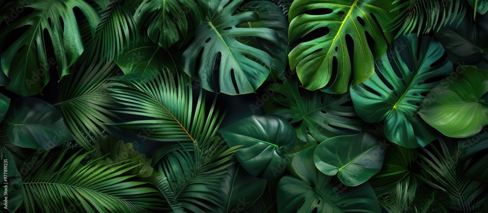 Poster top view of tropical leaves on a bright background summer flat lay arrangement. copy space image. pl