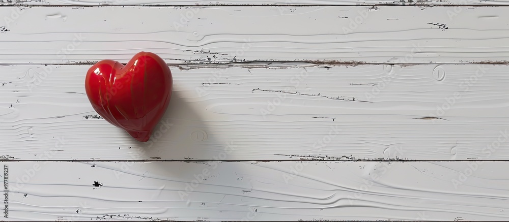 Poster red heart on a white wooden surface. copy space image. place for adding text and design