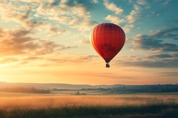 Obraz premium Red hot air balloon flying over a field at sunset, with clouds and a golden sky.