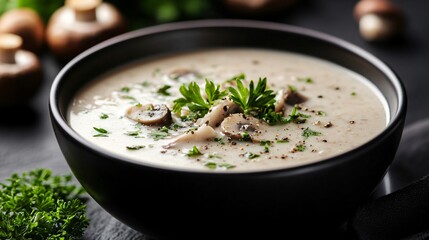 A bowl of cream of mushroom soup made with milk, isolated on a deep charcoal background for a dramatic contrast