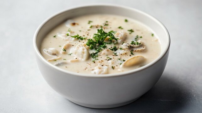 A bowl of creamy milk-based clam chowder, isolated on a smooth grey background for a high-end, minimalist presentation