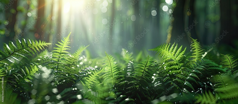 Poster fern tips shining bright green in sunlight against a dark forest backdrop. copy space image. place f