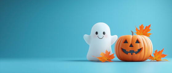 A playful Halloween-themed scene featuring a cute ghost, an orange maple leaf, and a pumpkin with a carved smiling face