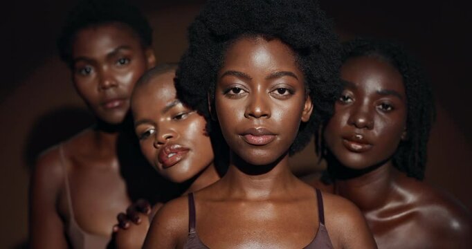 Face of black women, friends or natural skincare for wellness, cosmetics or healthy skin in studio. Beauty, group or serious African models with glow, pride or dermatology results on brown background
