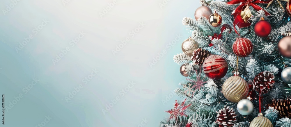 Poster christmas tree joyfully adorned with ornaments and toys. copy space image. place for adding text and