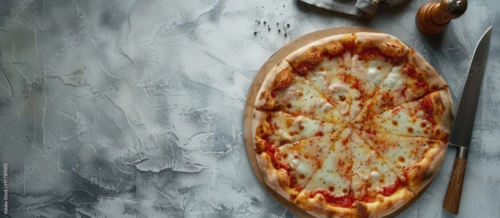 Poster mozzarella pizza viewed from above featuring a pizza knife and pepper mill on a gray clay background