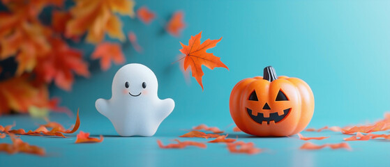 A playful Halloween-themed scene featuring a cute ghost, an orange maple leaf, and a pumpkin with a carved smiling face