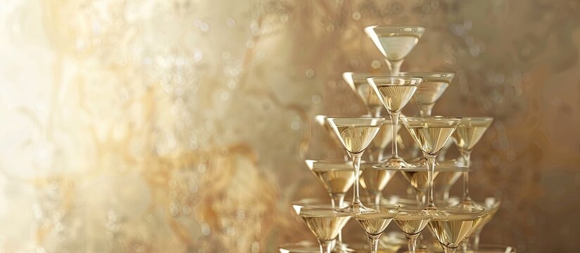 Pyramid made of champagne glasses Wedding celebration Copy space Wedding ceremony tower of champagne glasses Celebration time Festive dinner