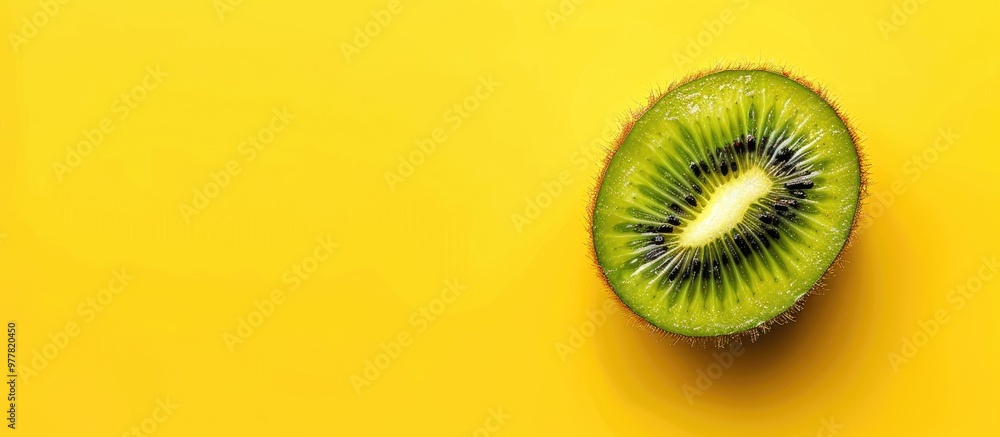 Poster half of a kiwi fruit on a yellow background top view tropical fruit. copy space image. place for add