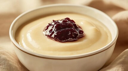A bowl of milk-based semolina pudding with a dollop of fruit jam, isolated on a warm cream background for a homely vibe