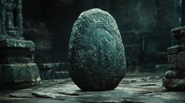 Ancient Stone Carving with Intricate Patterns in a Dark Setting