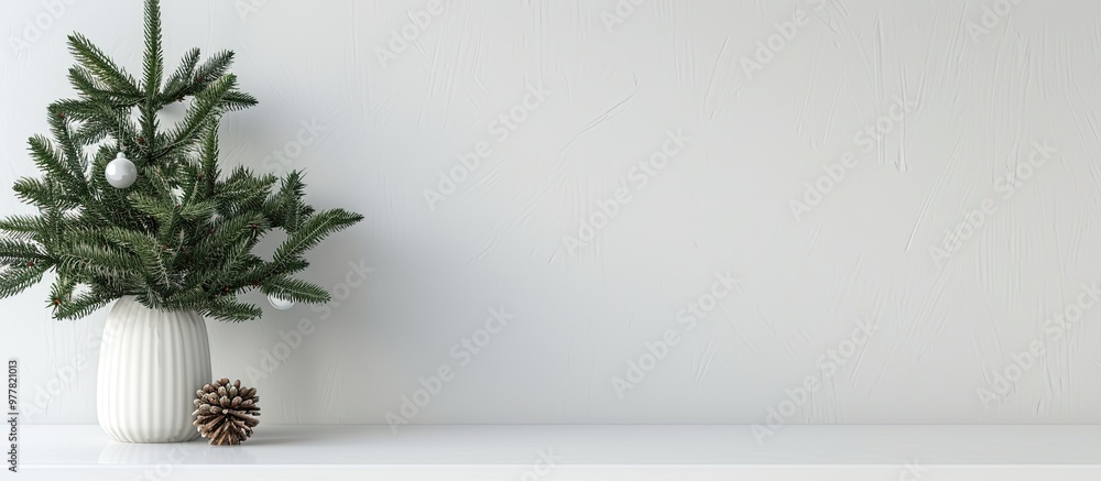 Canvas Prints Christmas and New Year home decorations Empty white wall mockup featuring green fir branches in a vase on a white table Mockup for showcasing designs. Copy space image