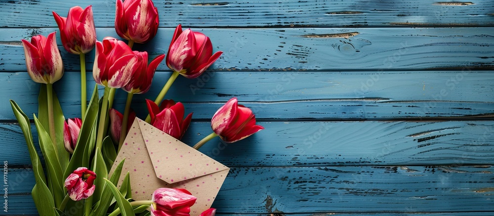 Poster bouquet of tulips and a greeting card on a wooden surface. copy space image. place for adding text a