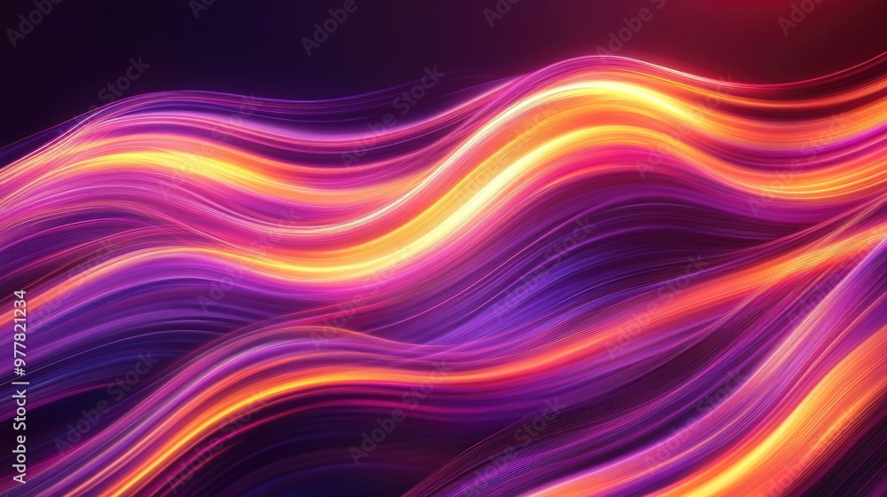 Poster Elegant Flowing Waves. Dynamic Composition of Purple and Orange Lines