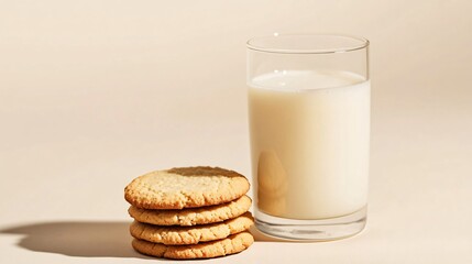 A glass of fresh milk with a stack of milk-based butter cookies, isolated on a light beige background with subtle shadows