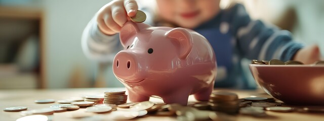 Obraz premium A child putting coins into the piggy bank, representing financial education for children