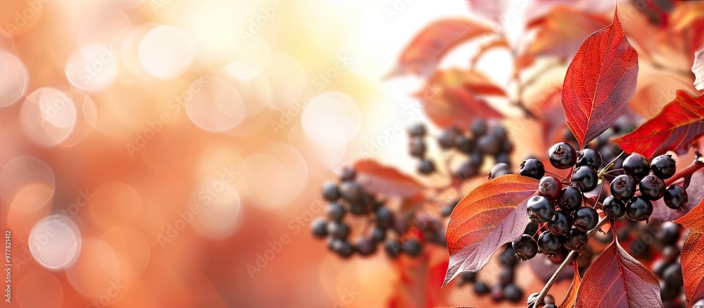 Poster red autumn leaves and ripe black berries on chokeberry branches set against a blurred natural backgr