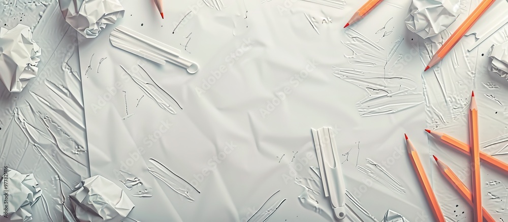 Poster pens pencils and notepad note on paper vlog. copy space image. place for adding text and design